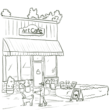 Illustration of an Art Cafe with a person walking a dog outside.