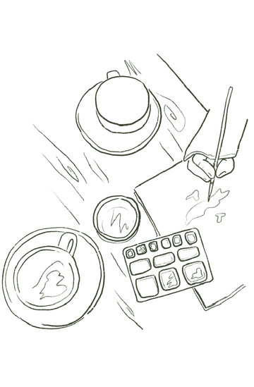 Black and white line drawing of a coffee setup with a camera, cups, and a watercolor palette.